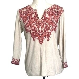 Karen Scott Front Floral Print With Glitters long Sleeve Blouse Size M